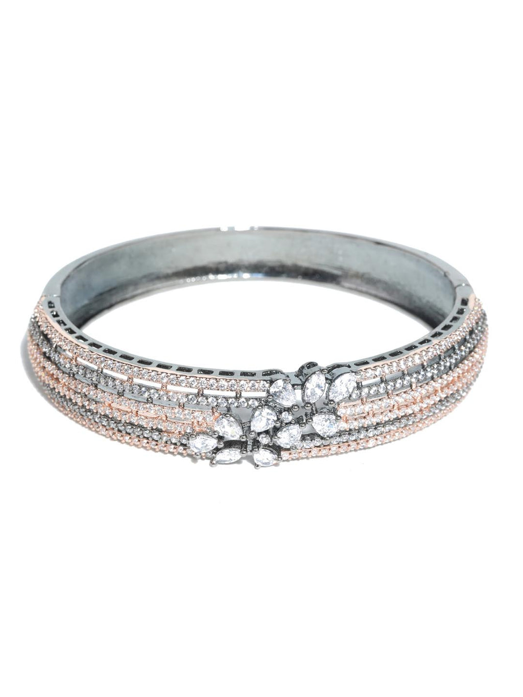 Priyaasi Women Rose Gold American Diamond Gun Metal Plated Bangle Style Bracelet - Swadesiicart