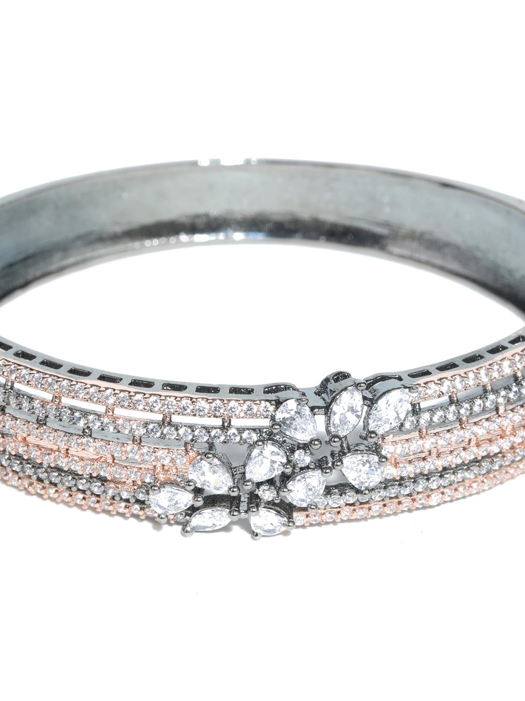 Priyaasi Women Rose Gold American Diamond Gun Metal Plated Bangle Style Bracelet - Swadesiicart