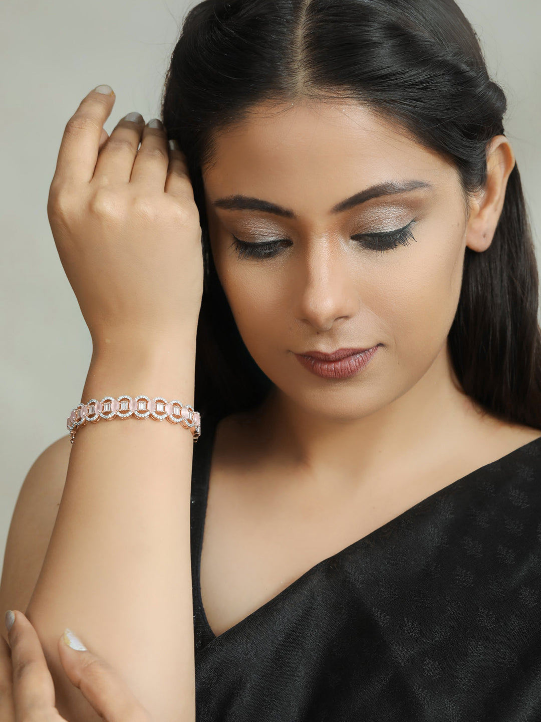 Priyaasi Women Pink American Diamond Rose Gold-Polished Floral Bangle Style Bracelet - Swadesiicart