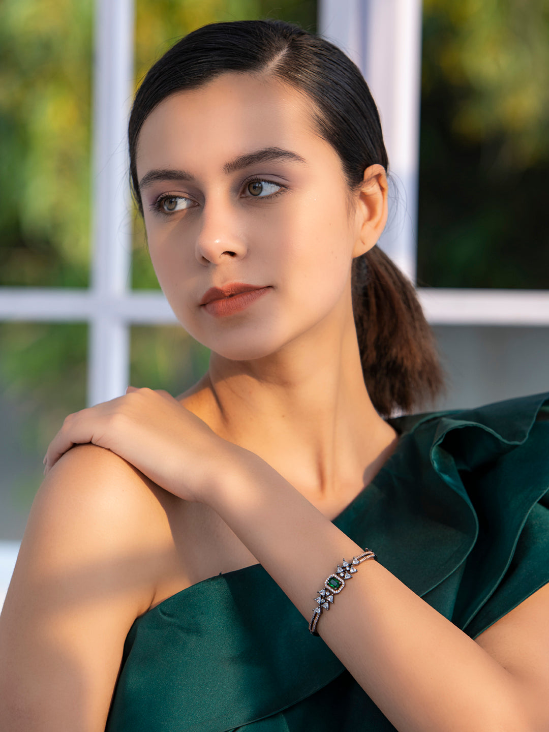 Priyaasi Women Green Stone American Diamond Bangle Style Bracelet - Swadesiicart