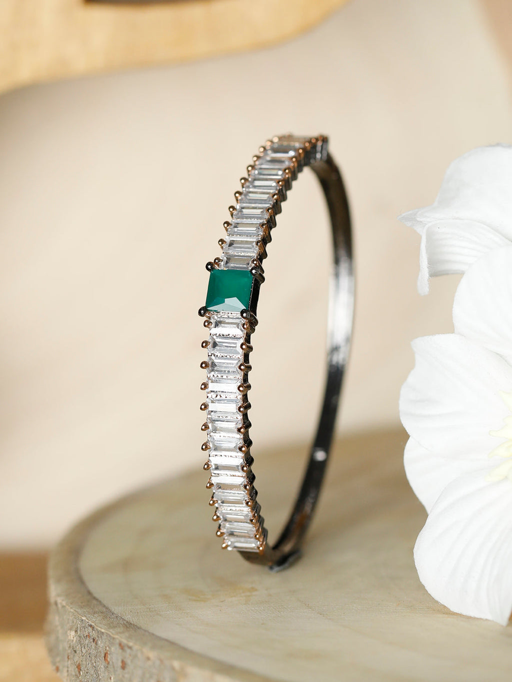 Priyaasi Women Green Stone Studded Dual Toned Baguette Bracelet - Noz2Toz