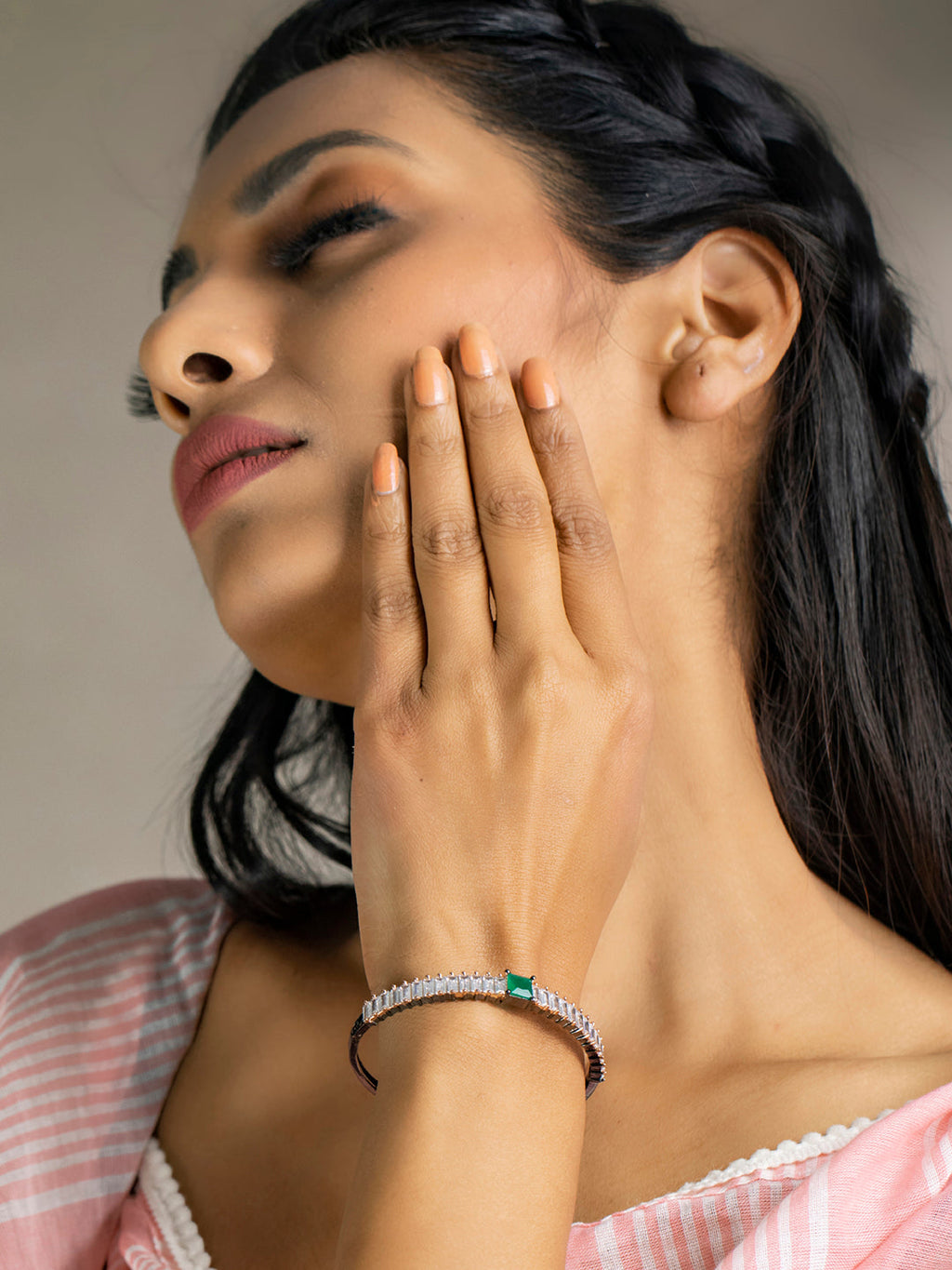 Priyaasi Women Green Stone Studded Dual Toned Baguette Bracelet - Swadesiicart