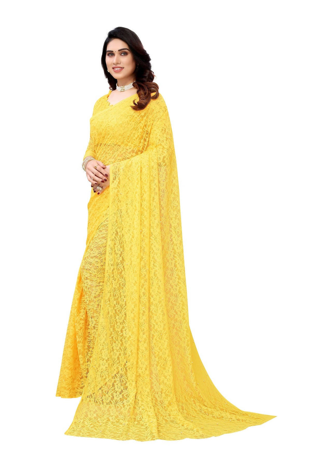 Vamika Ethnic Fire Yellow Pearls Net Saree | Grocsy