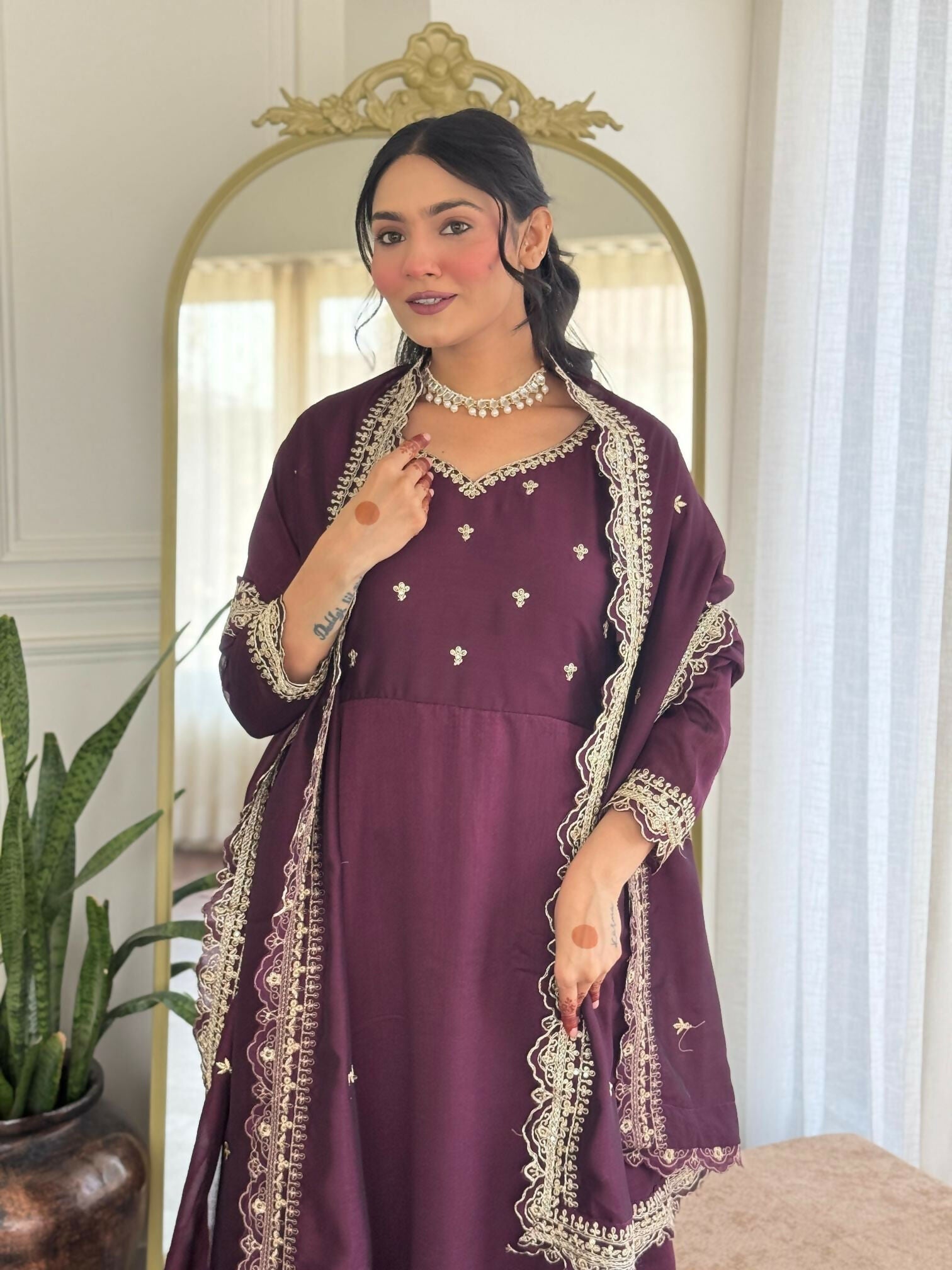 The52 Wine Women's Gorgeous Vichitra Silk Fabric Embroidered Work Flared Anarkali Pant and Dupatta Set | Grocsy