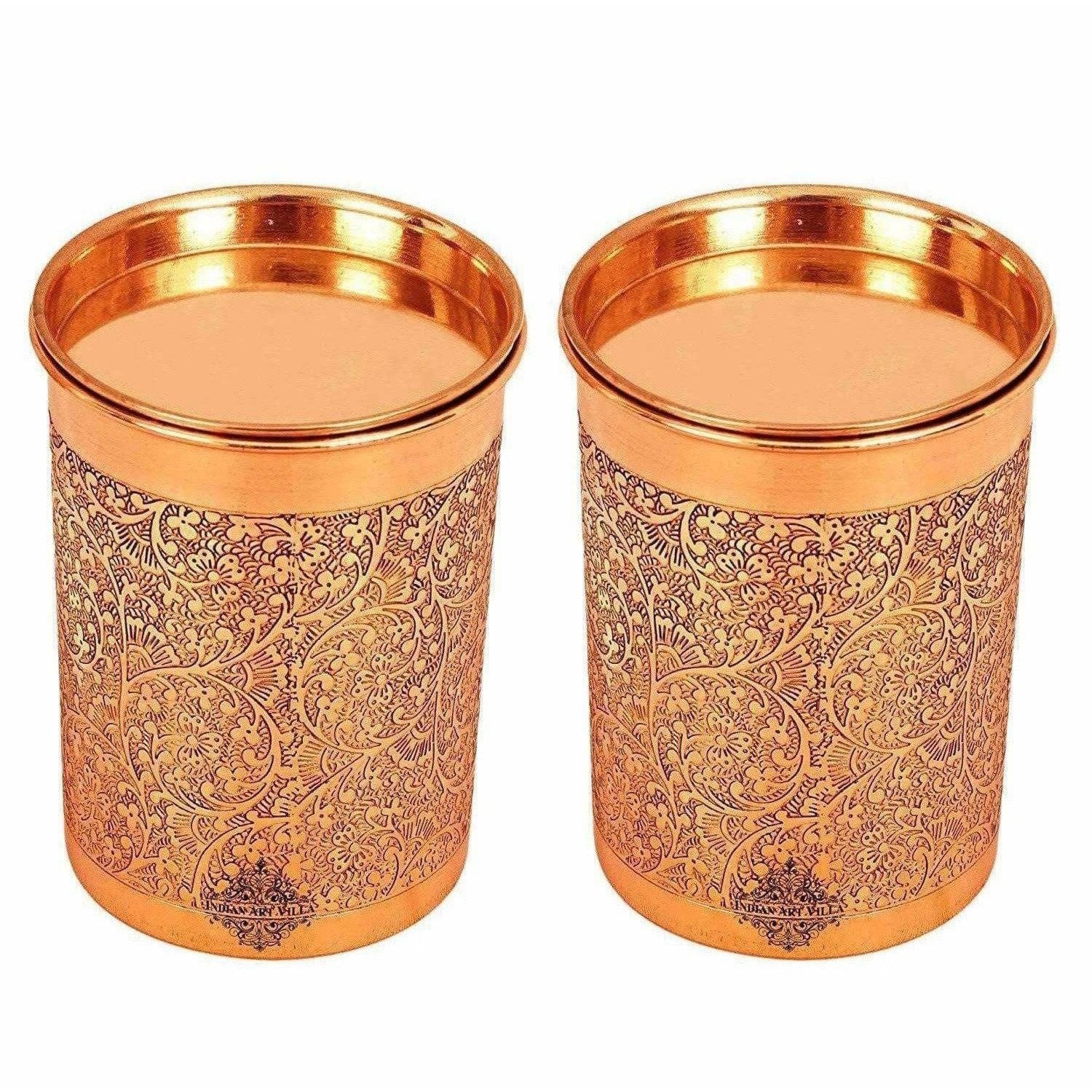 Copper Glass Tumbler with Lid Embossed Design | Grocsy