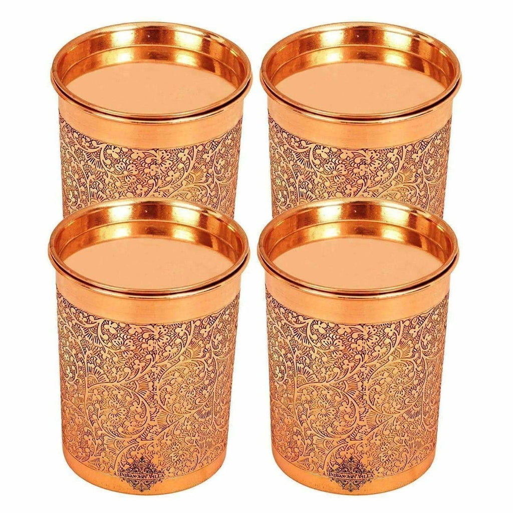 Copper Glass Tumbler with Lid Embossed Design | Grocsy