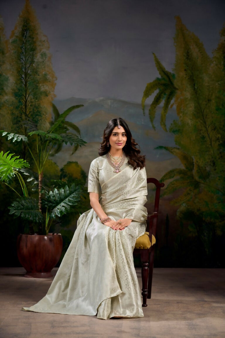 Vastranavya Off White Kanjivaram Zari Weaving Work Saree with Unstitched Blouse | Grocsy