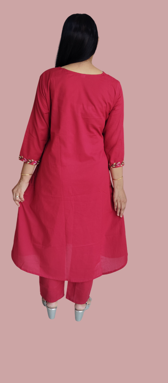 Jaitra Apparels Women Embroidered Pure Cotton Kurta Pant Set(Red) | Grocsy