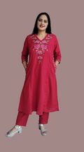 Jaitra Apparels Women Embroidered Pure Cotton Kurta Pant Set(Red) | Grocsy