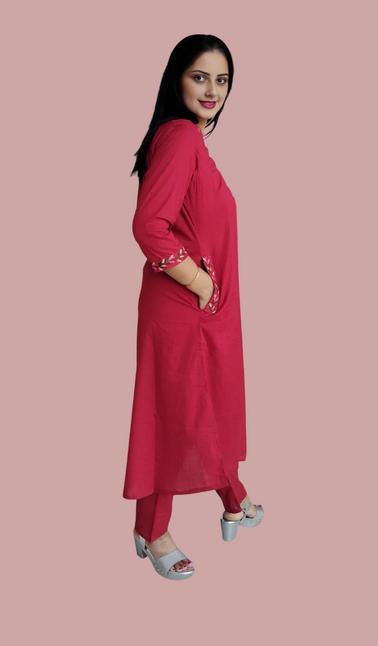 Jaitra Apparels Women Embroidered Pure Cotton Kurta Pant Set(Red) | Grocsy