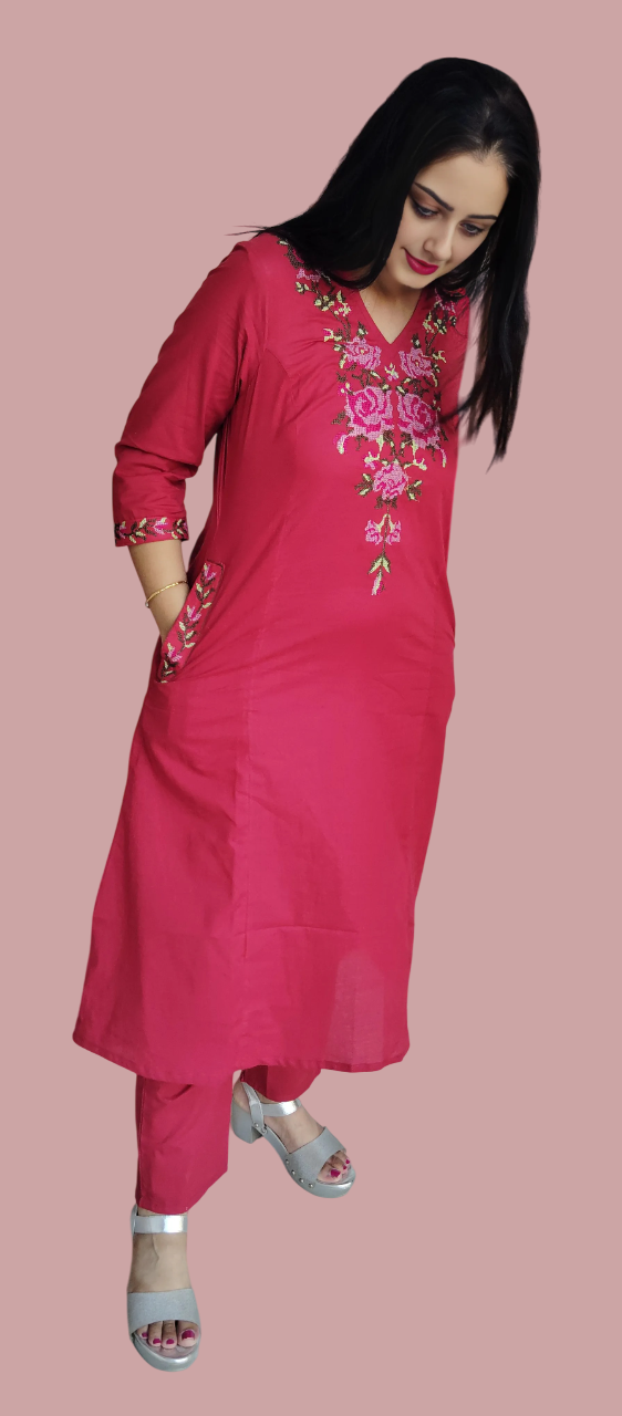 Jaitra Apparels Women Embroidered Pure Cotton Kurta Pant Set(Red) | Grocsy