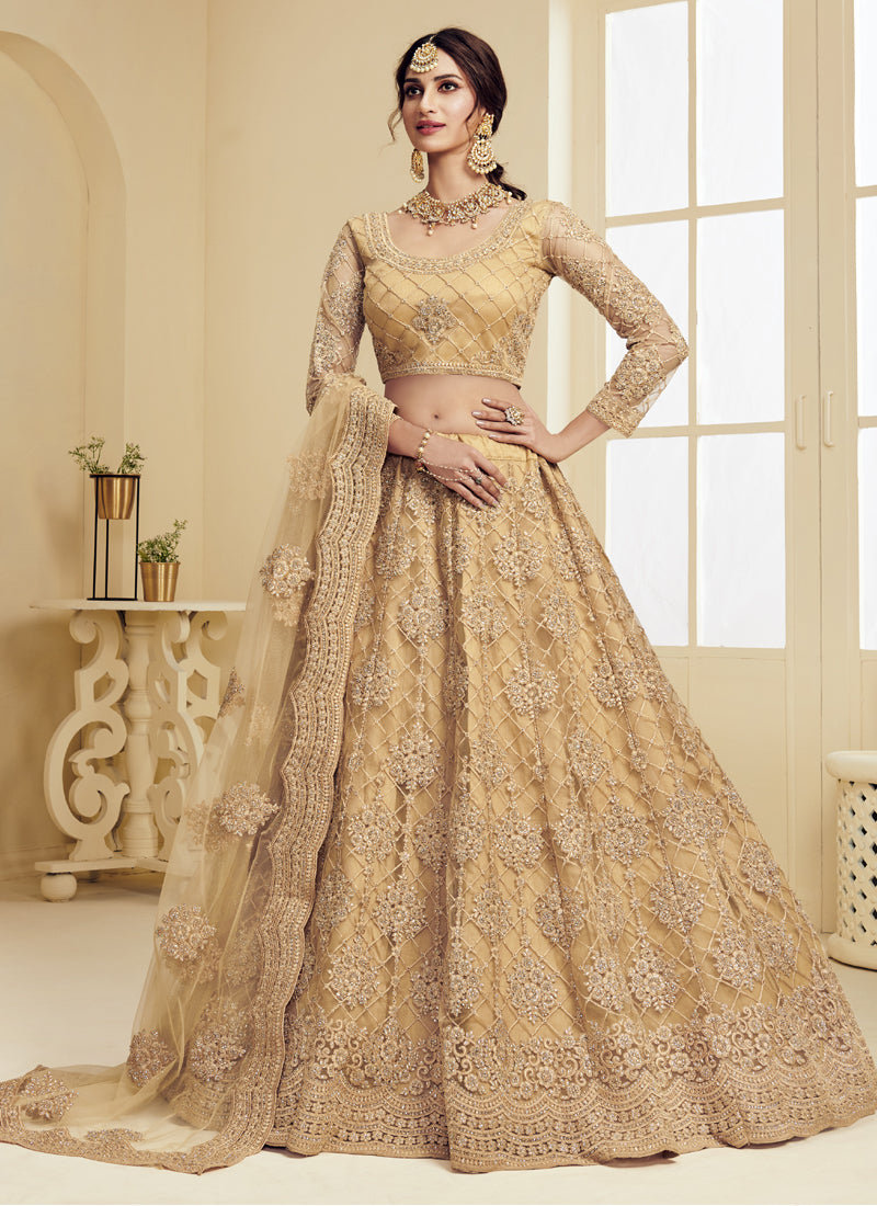 Vegaa Fashion Beige Net Embroidered Wedding Lehenga | Grocsy