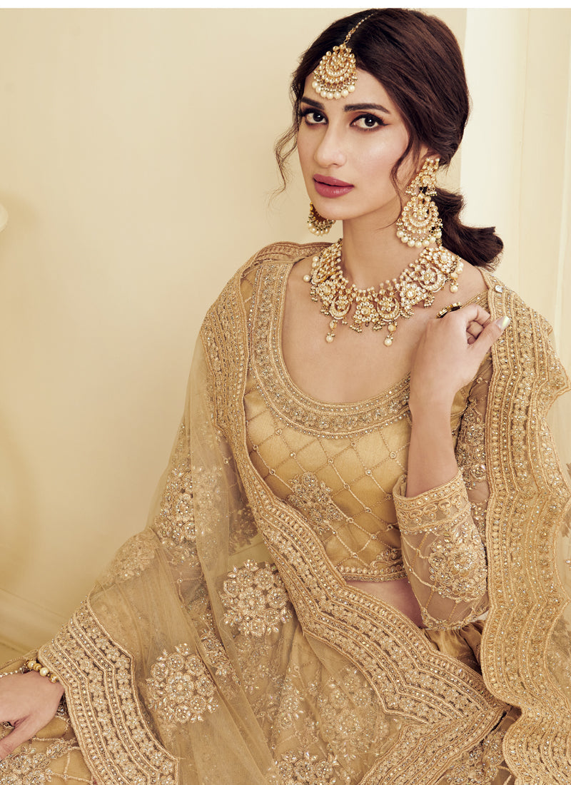 Vegaa Fashion Beige Net Embroidered Wedding Lehenga | Grocsy