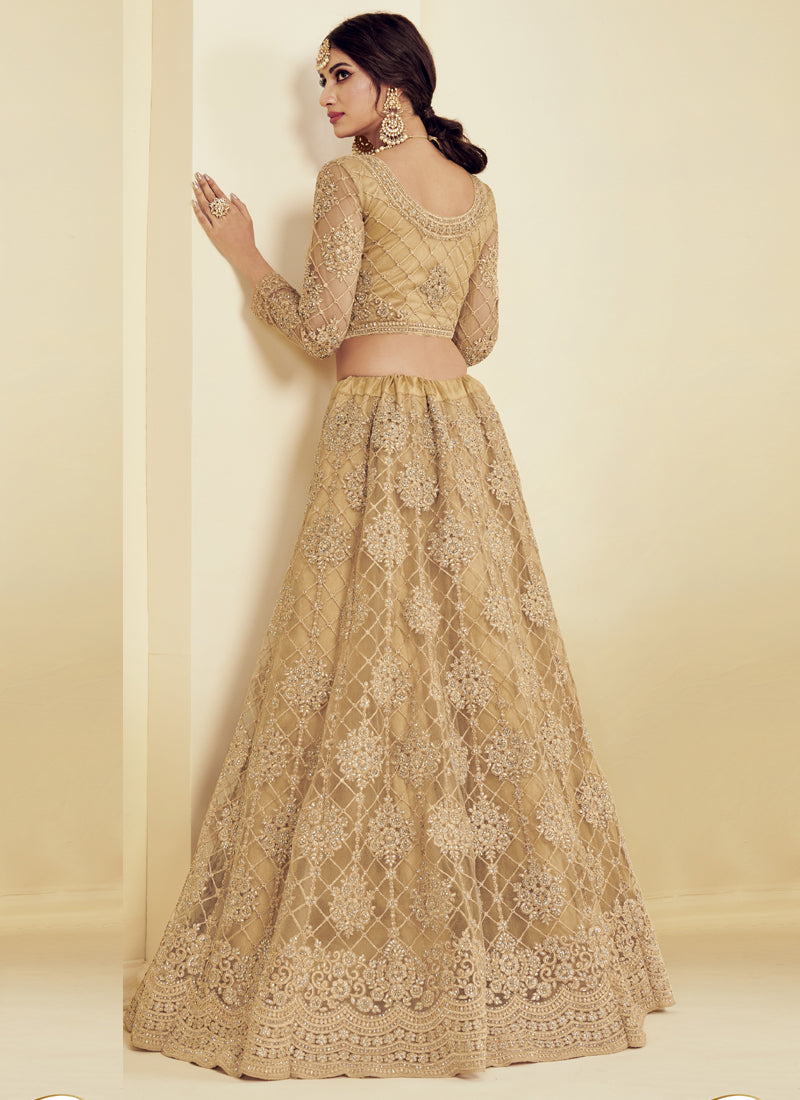 Vegaa Fashion Beige Net Embroidered Wedding Lehenga | Grocsy