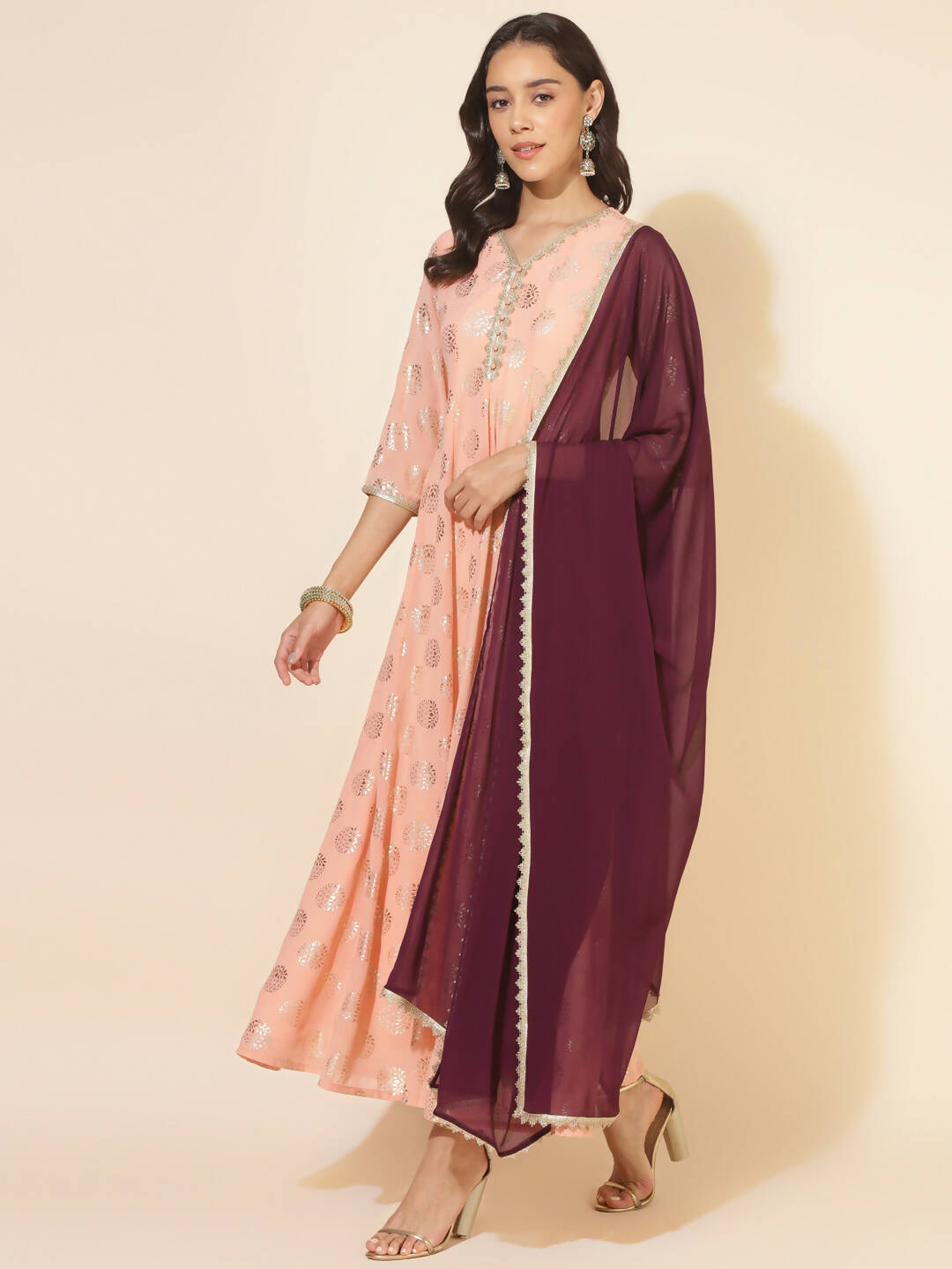 Janasya Women's Peach Georgette Foil Printed Festive Anarkali Kurta Set | Grocsy