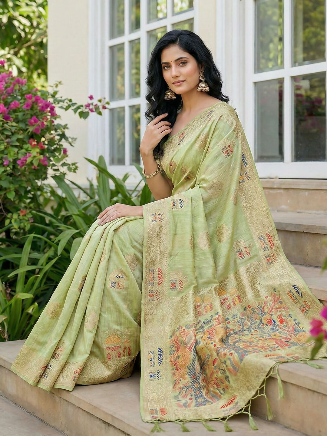 Shree Shyam Fashion Light Green Linen Cotton Saree | Grocsy
