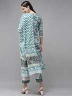 Yufta Green Hand Block Printed Kurta with Trouser and Dupatta | Grocsy