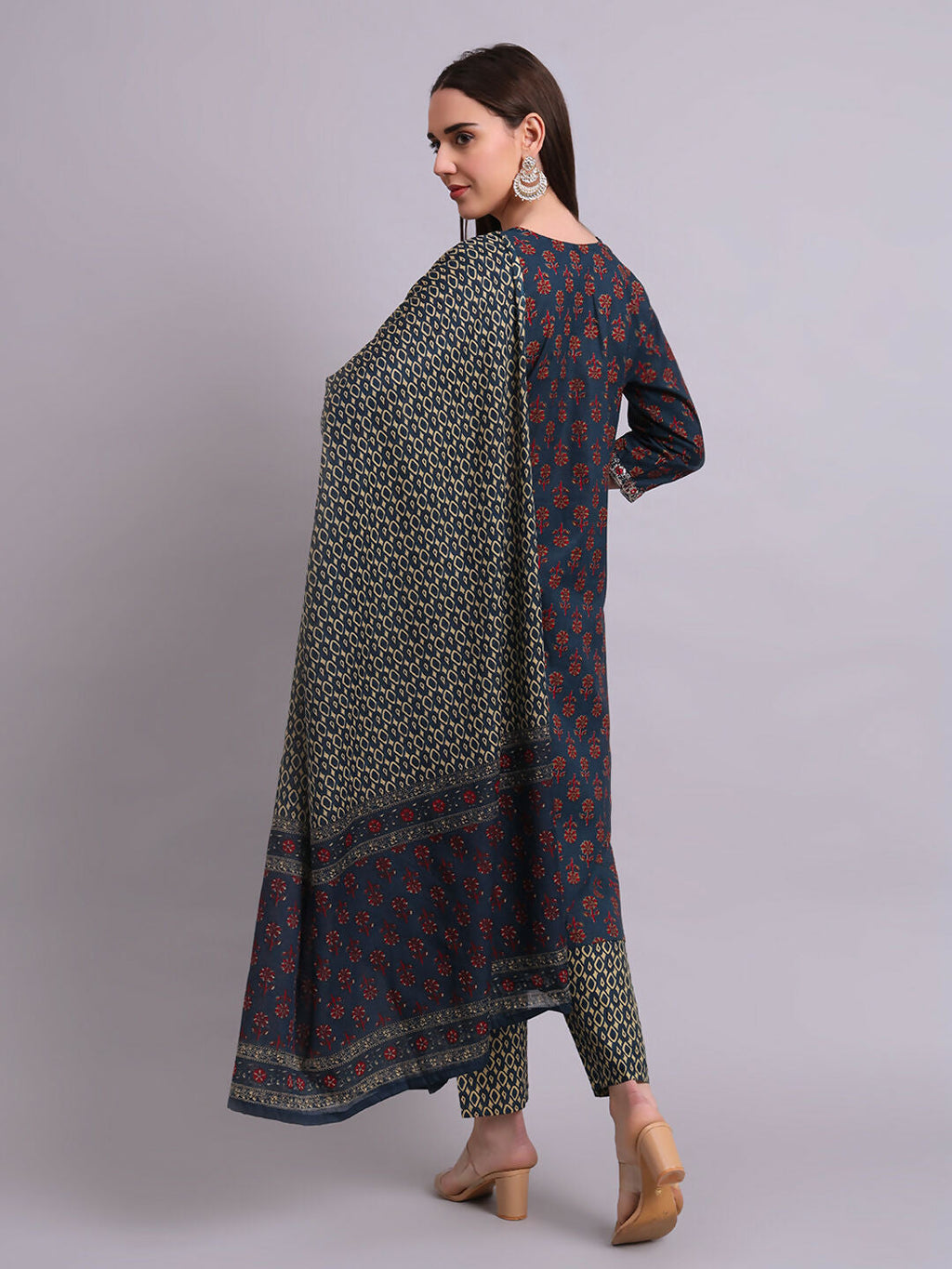 Joban Fashion Blue Cotton Buti Printed & Embroidery Work Kurta With Trousers & Dupatta Set | Grocsy