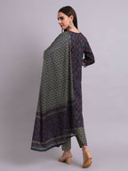 Joban Fashion Blue Cotton Buti Printed & Embroidery Work Kurta With Trousers & Dupatta Set | Grocsy
