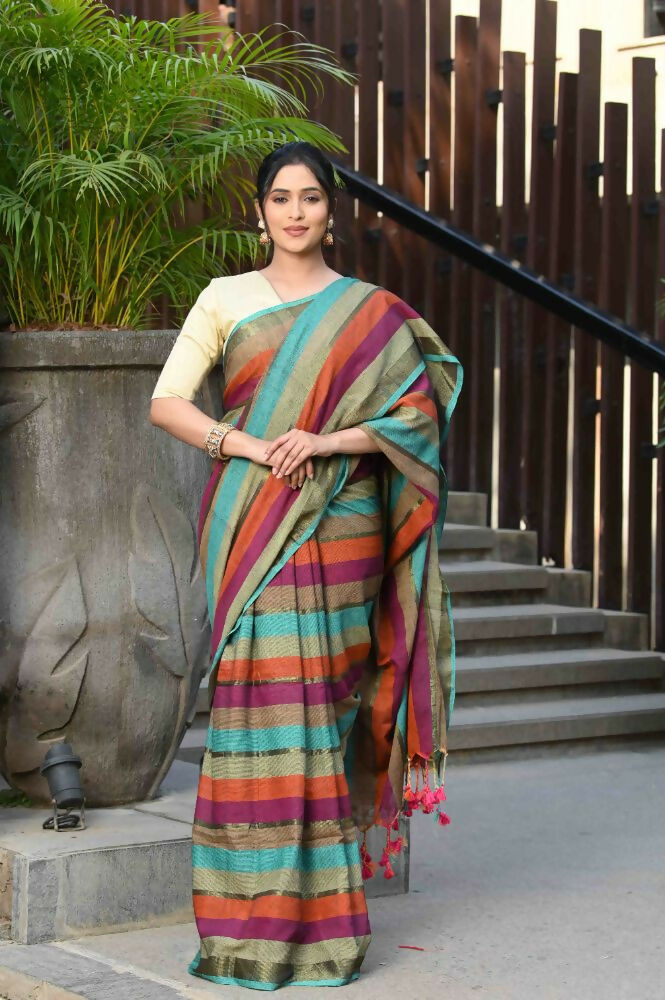 Beatitude Multicolor Cotton Stripes Golden Zari Saree | Grocsy