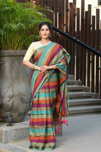 Beatitude Multicolor Cotton Stripes Golden Zari Saree | Grocsy