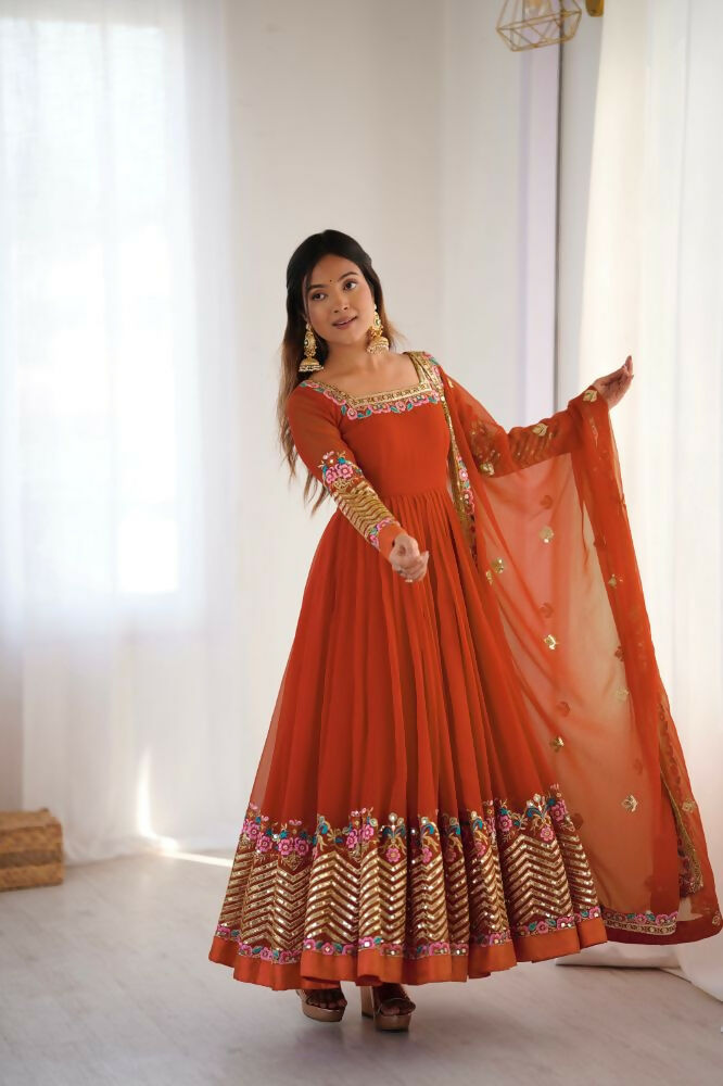 Joban Fashion Orange Georgette Sequence Embroidery Work Readymade Kurta Set | Grocsy