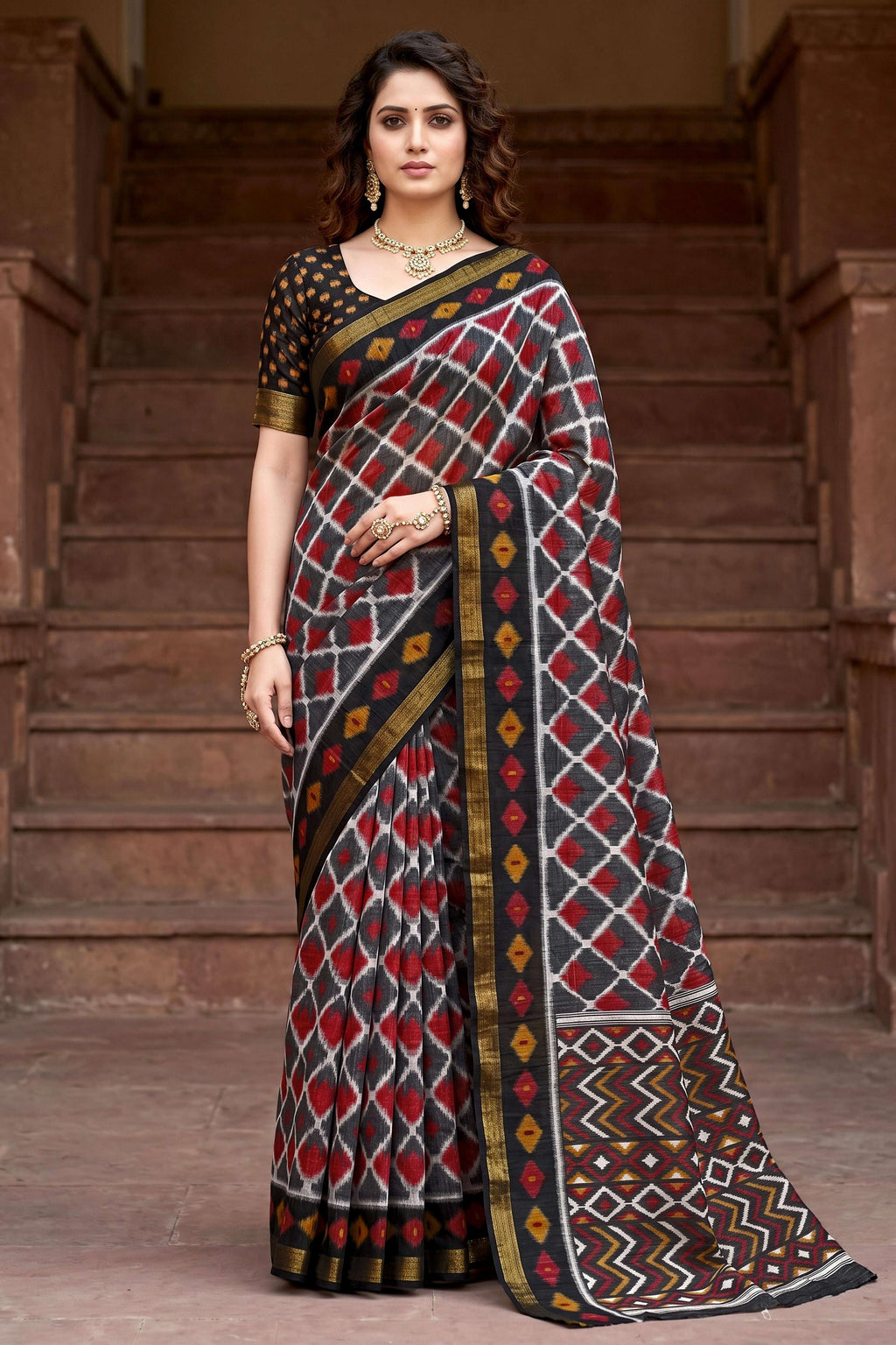 Sangam Prints Gray Cotton Print Woven Work Traditional Saree | Grocsy
