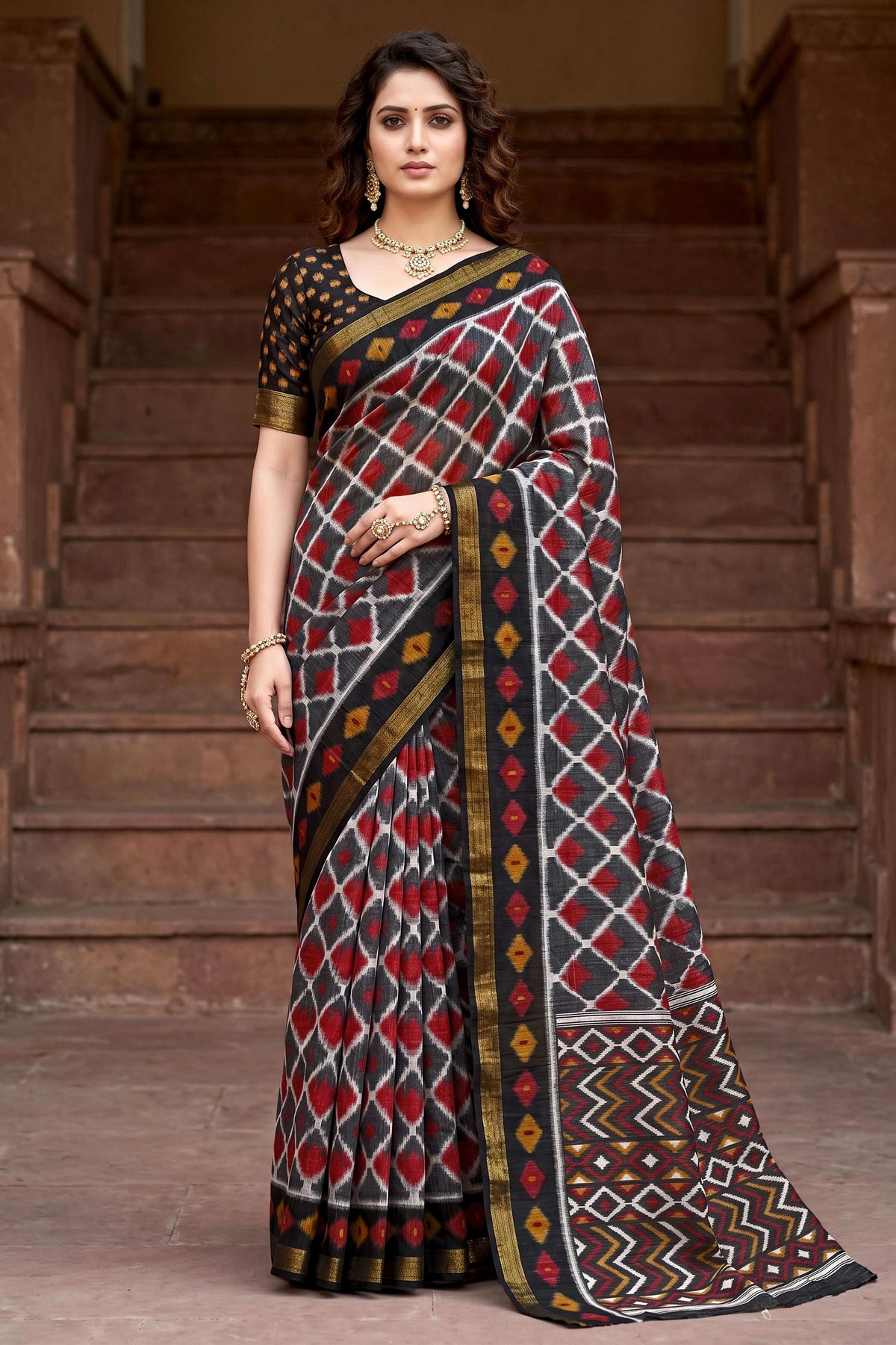 Sangam Prints Gray Cotton Print Woven Work Traditional Saree | Grocsy