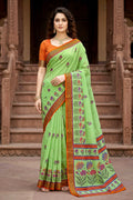Sangam Prints Parrot Green Cotton Print Woven Work Traditional Saree | Grocsy