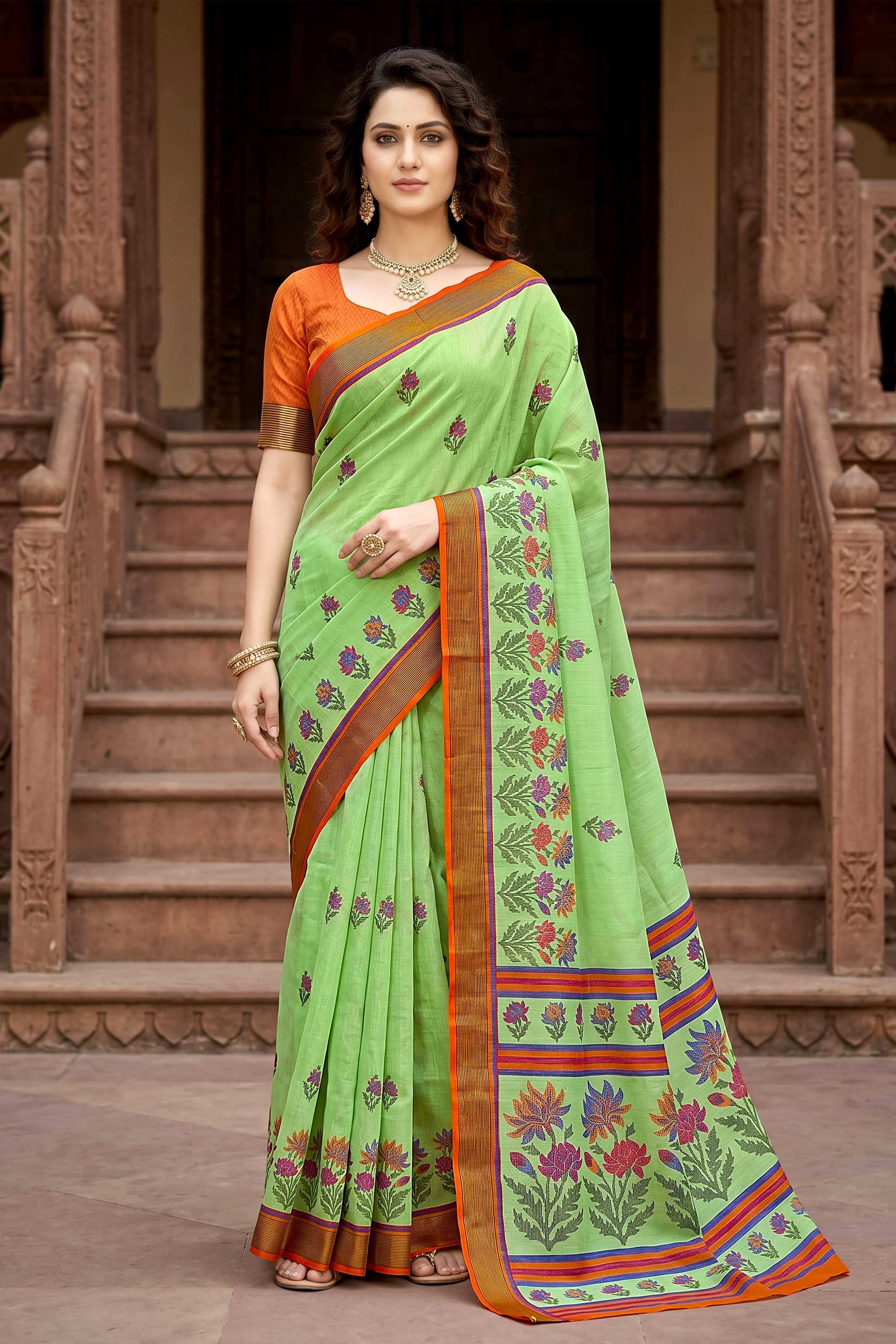 Sangam Prints Parrot Green Cotton Print Woven Work Traditional Saree | Grocsy