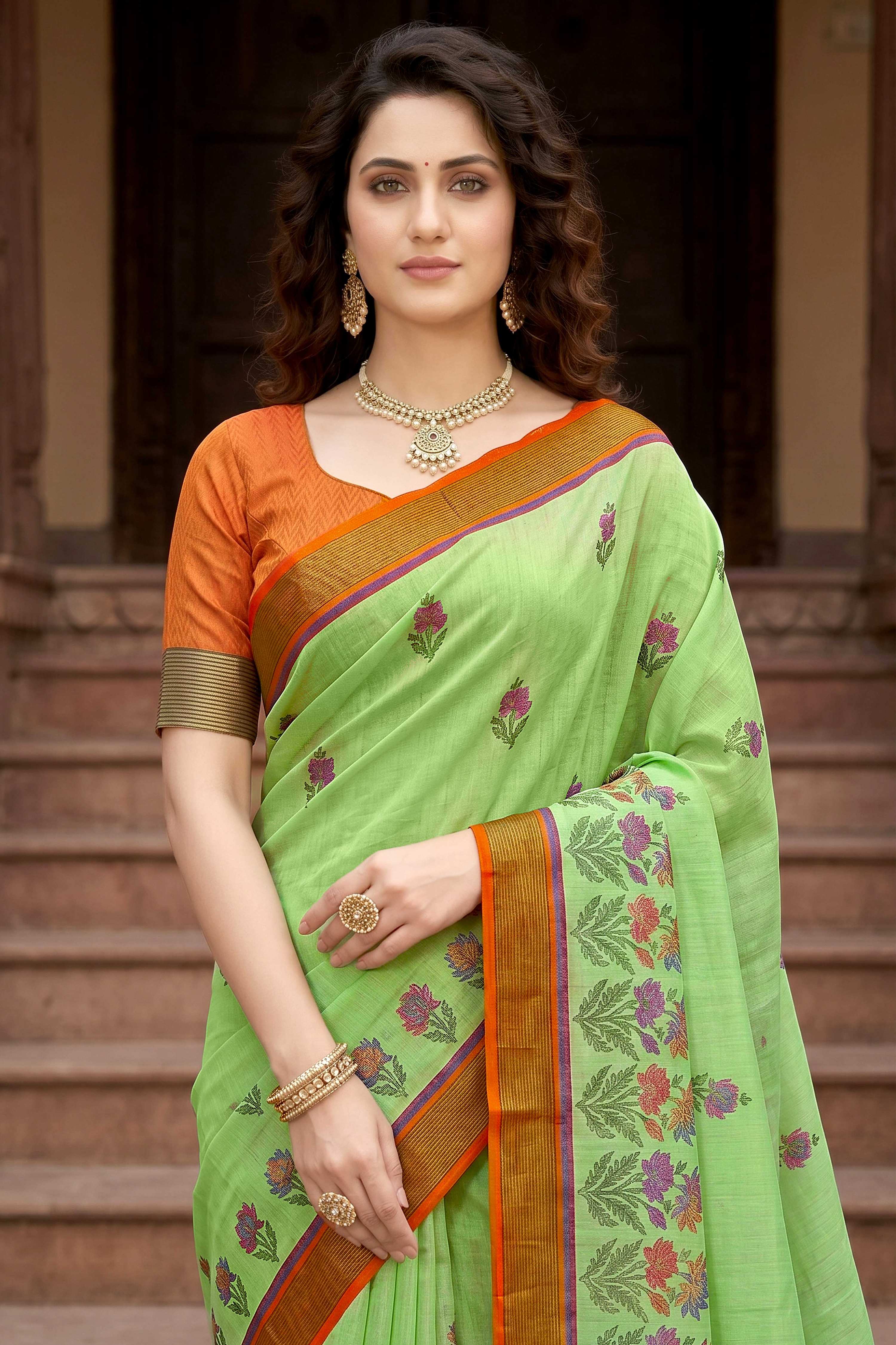 Sangam Prints Parrot Green Cotton Print Woven Work Traditional Saree | Grocsy