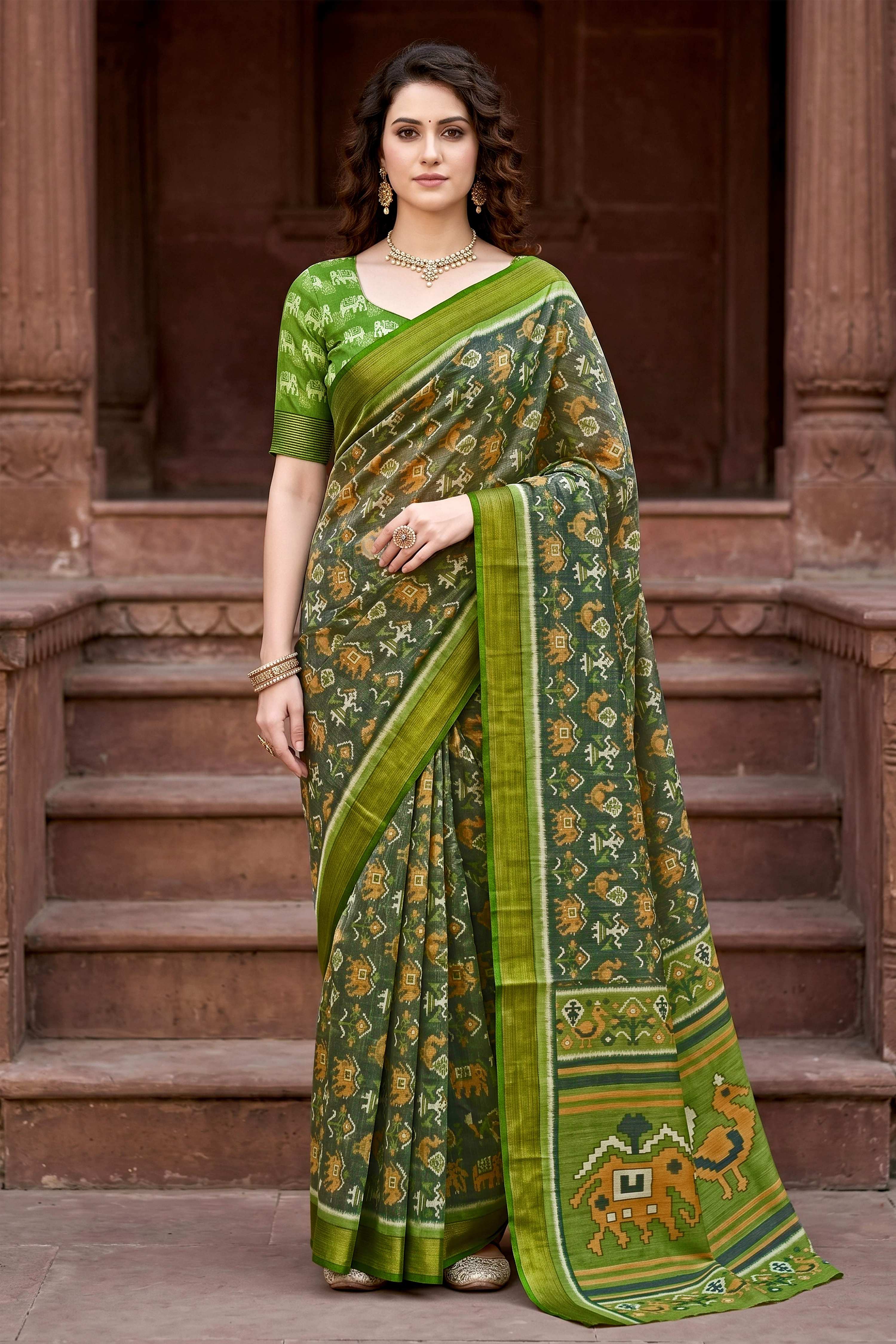 Sangam Prints Mehndi Green Cotton Print Woven Work Traditional Saree | Grocsy
