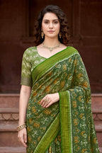 Sangam Prints Mehndi Green Cotton Print Woven Work Traditional Saree | Grocsy