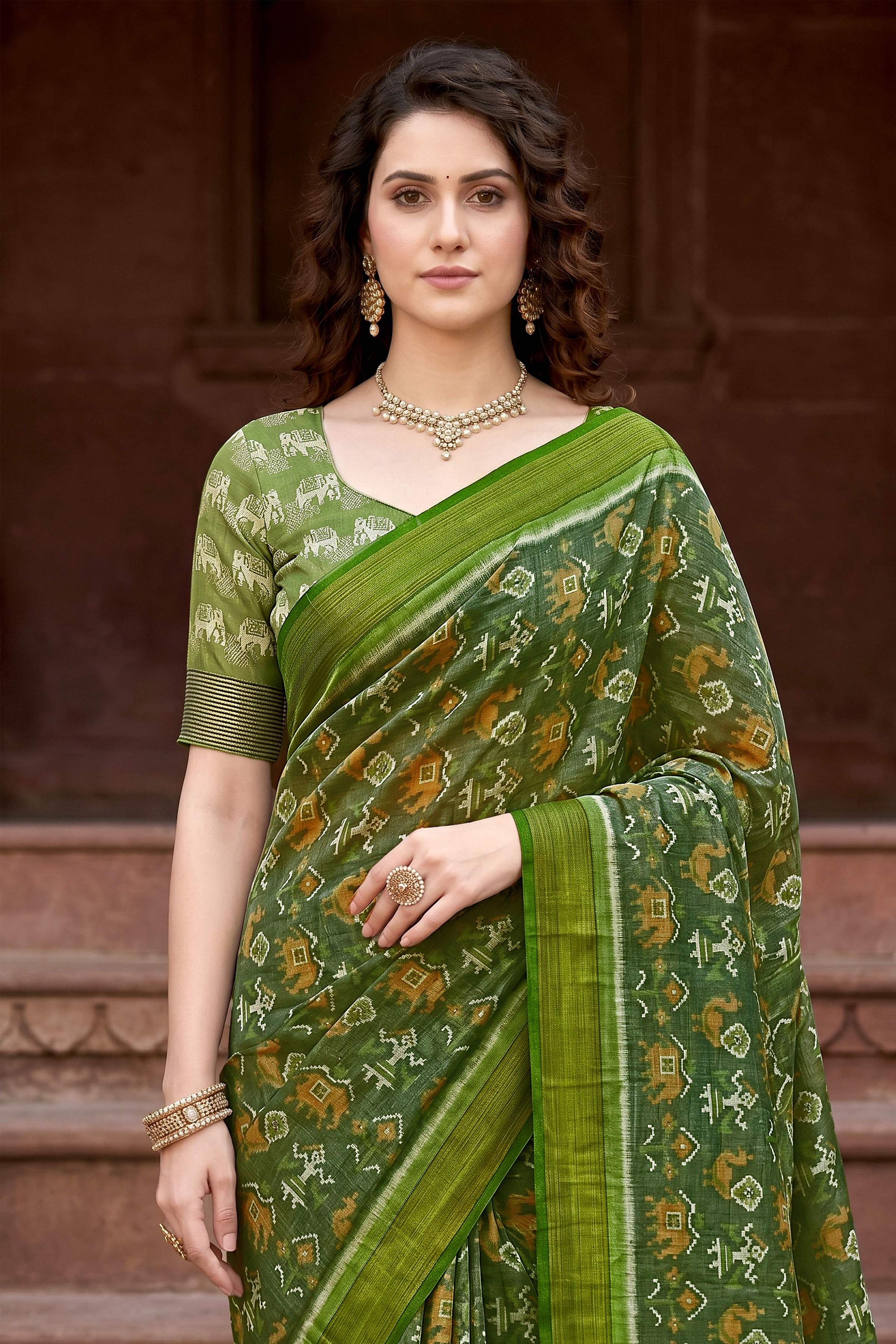 Sangam Prints Mehndi Green Cotton Print Woven Work Traditional Saree | Grocsy