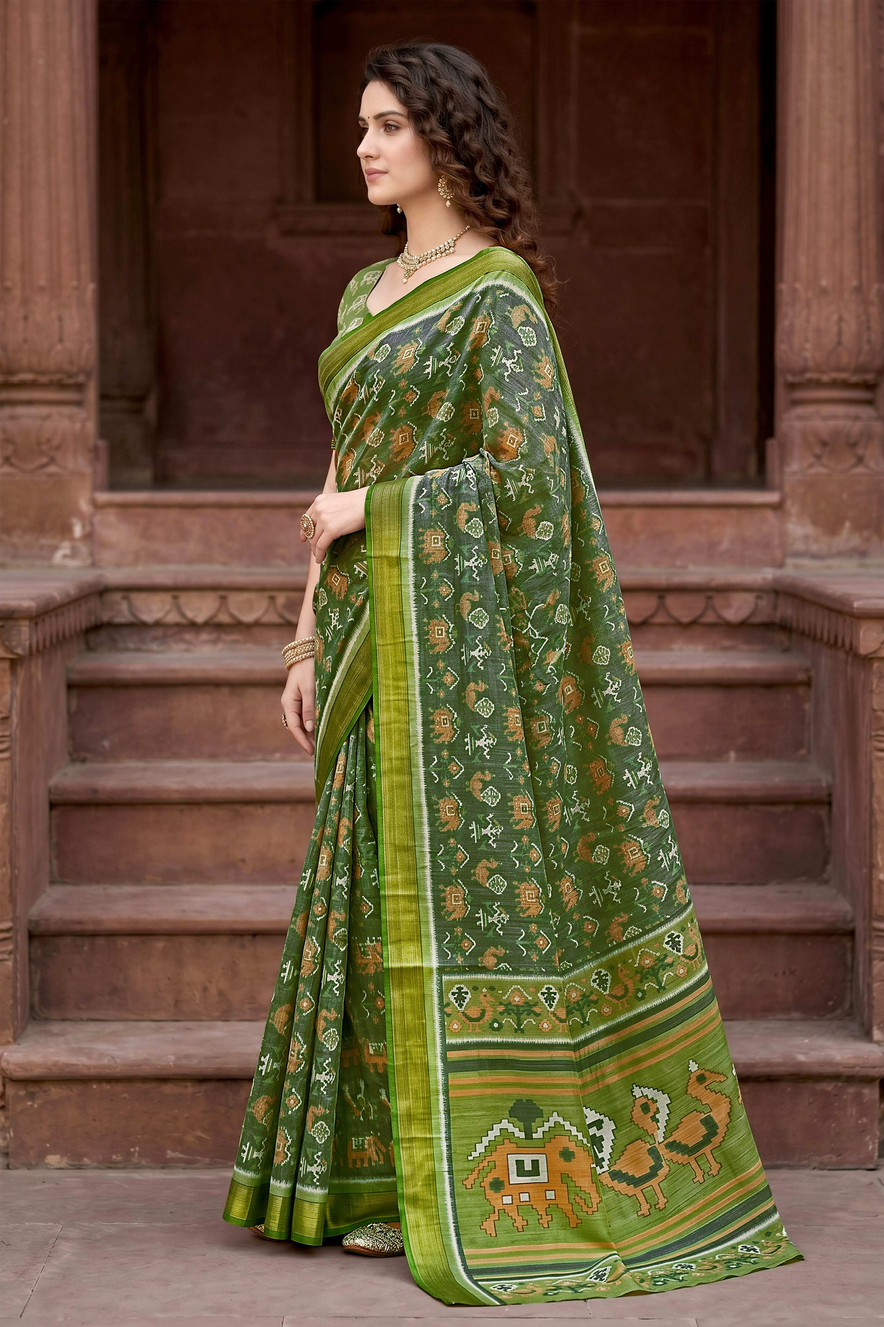 Sangam Prints Mehndi Green Cotton Print Woven Work Traditional Saree | Grocsy