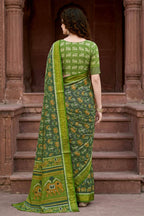Sangam Prints Mehndi Green Cotton Print Woven Work Traditional Saree | Grocsy
