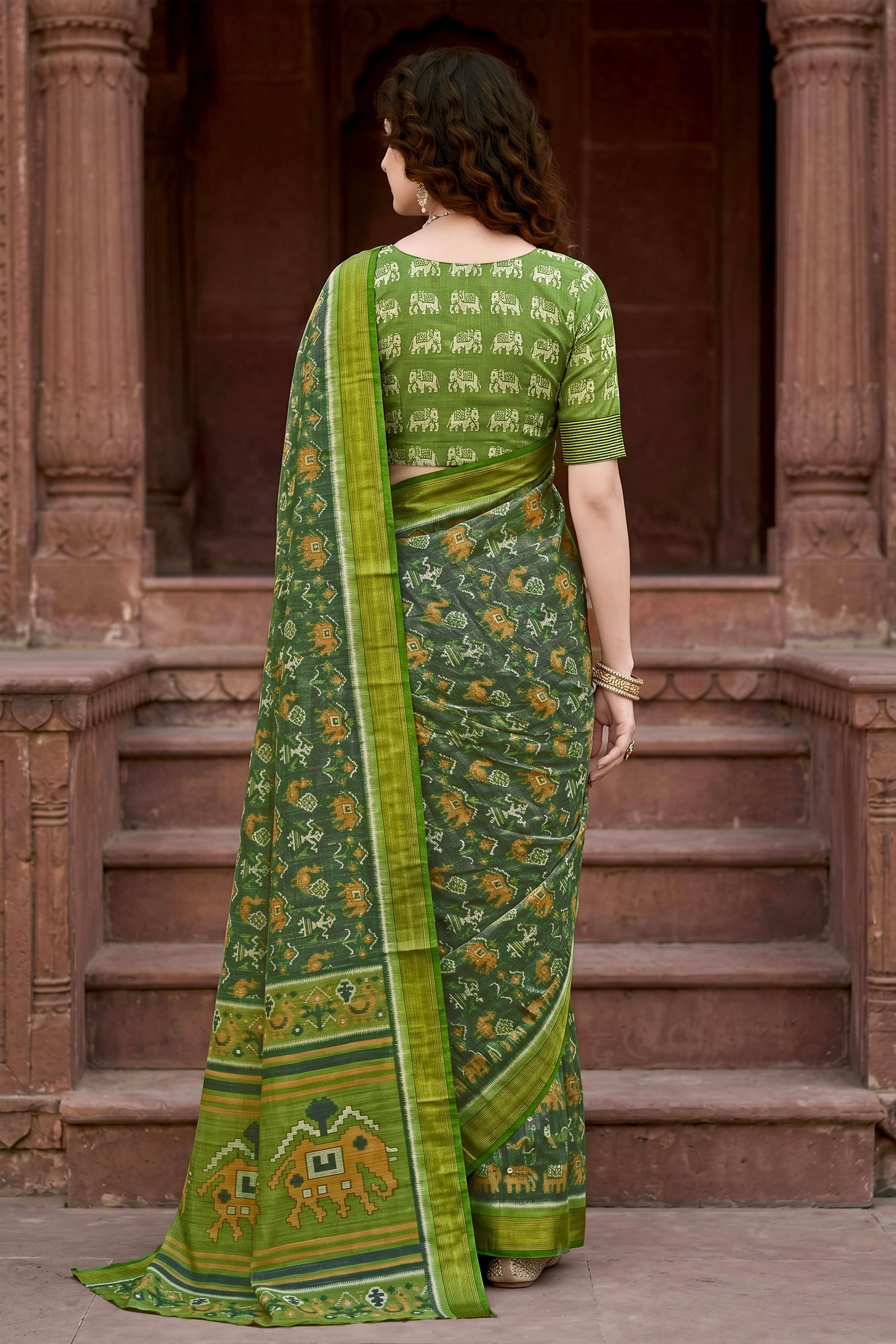 Sangam Prints Mehndi Green Cotton Print Woven Work Traditional Saree | Grocsy