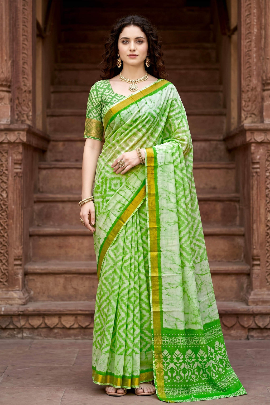 Sangam Prints Pista Green Cotton Print Woven Work Traditional Saree | Grocsy
