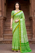 Sangam Prints Pista Green Cotton Print Woven Work Traditional Saree | Grocsy