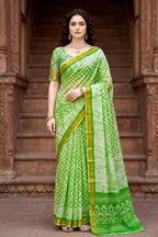Sangam Prints Pista Green Cotton Print Woven Work Traditional Saree | Grocsy