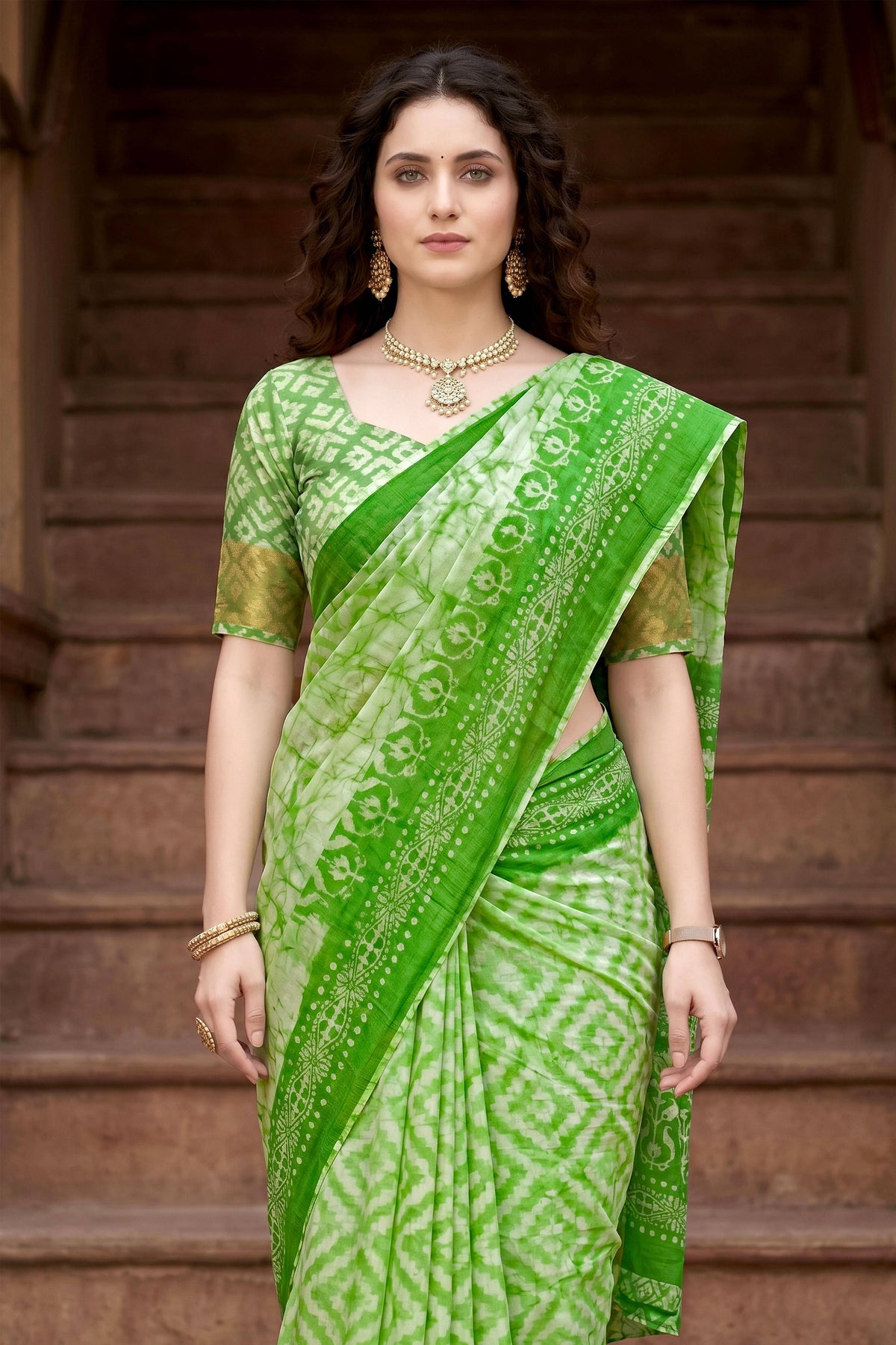 Sangam Prints Pista Green Cotton Print Woven Work Traditional Saree | Grocsy