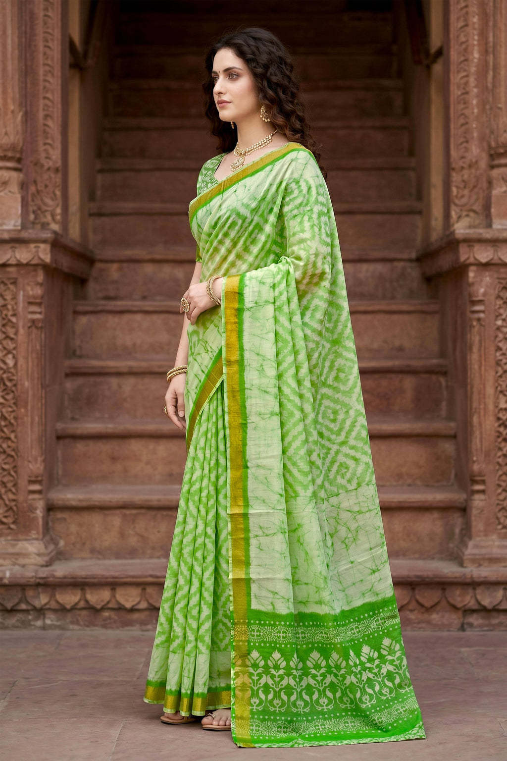 Sangam Prints Pista Green Cotton Print Woven Work Traditional Saree | Grocsy
