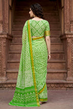 Sangam Prints Pista Green Cotton Print Woven Work Traditional Saree | Grocsy