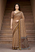 Sangam Prints Brown Cotton Print Woven Work Traditional Saree | Grocsy