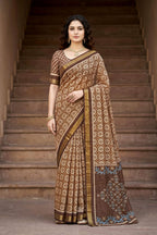 Sangam Prints Brown Cotton Print Woven Work Traditional Saree | Grocsy