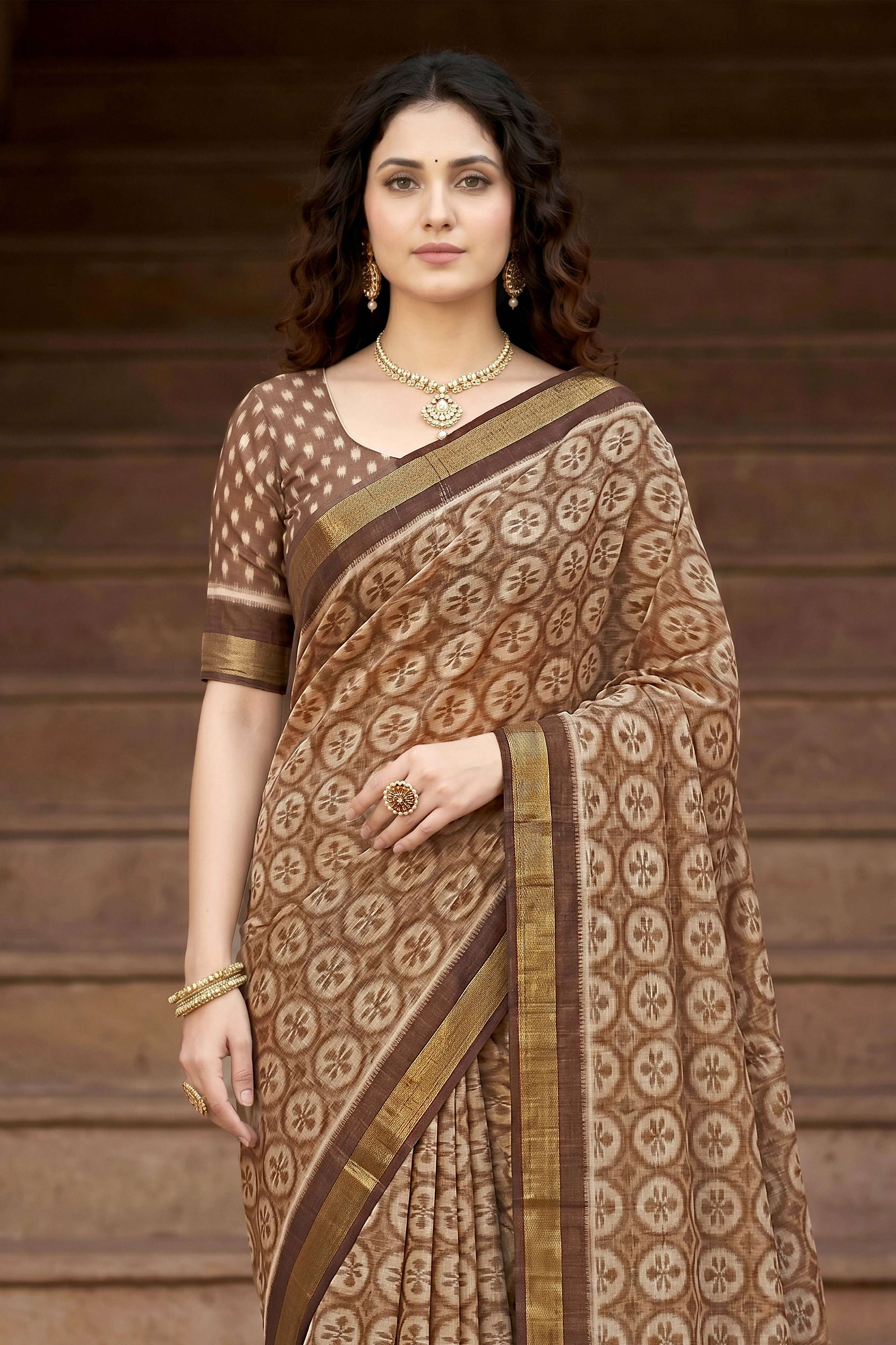 Sangam Prints Brown Cotton Print Woven Work Traditional Saree | Grocsy