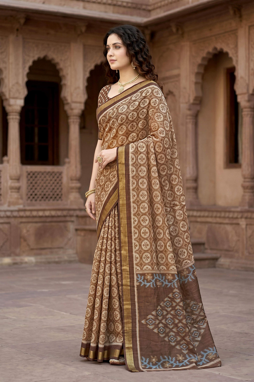 Sangam Prints Brown Cotton Print Woven Work Traditional Saree | Grocsy