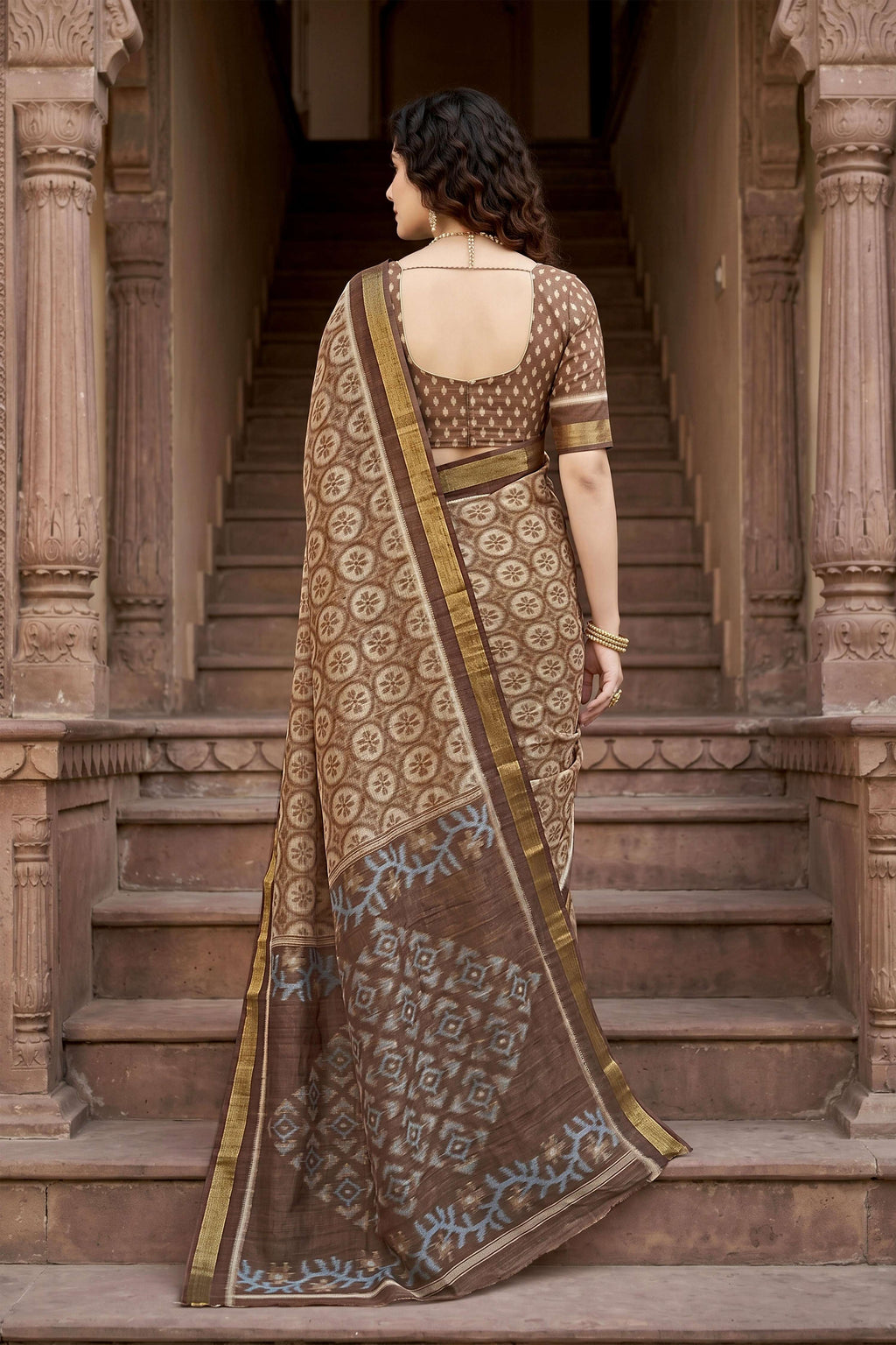 Sangam Prints Brown Cotton Print Woven Work Traditional Saree | Grocsy