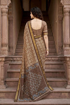 Sangam Prints Brown Cotton Print Woven Work Traditional Saree | Grocsy