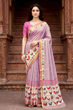 Sangam Prints Lavender Cotton Print Woven Work Traditional Saree | Grocsy